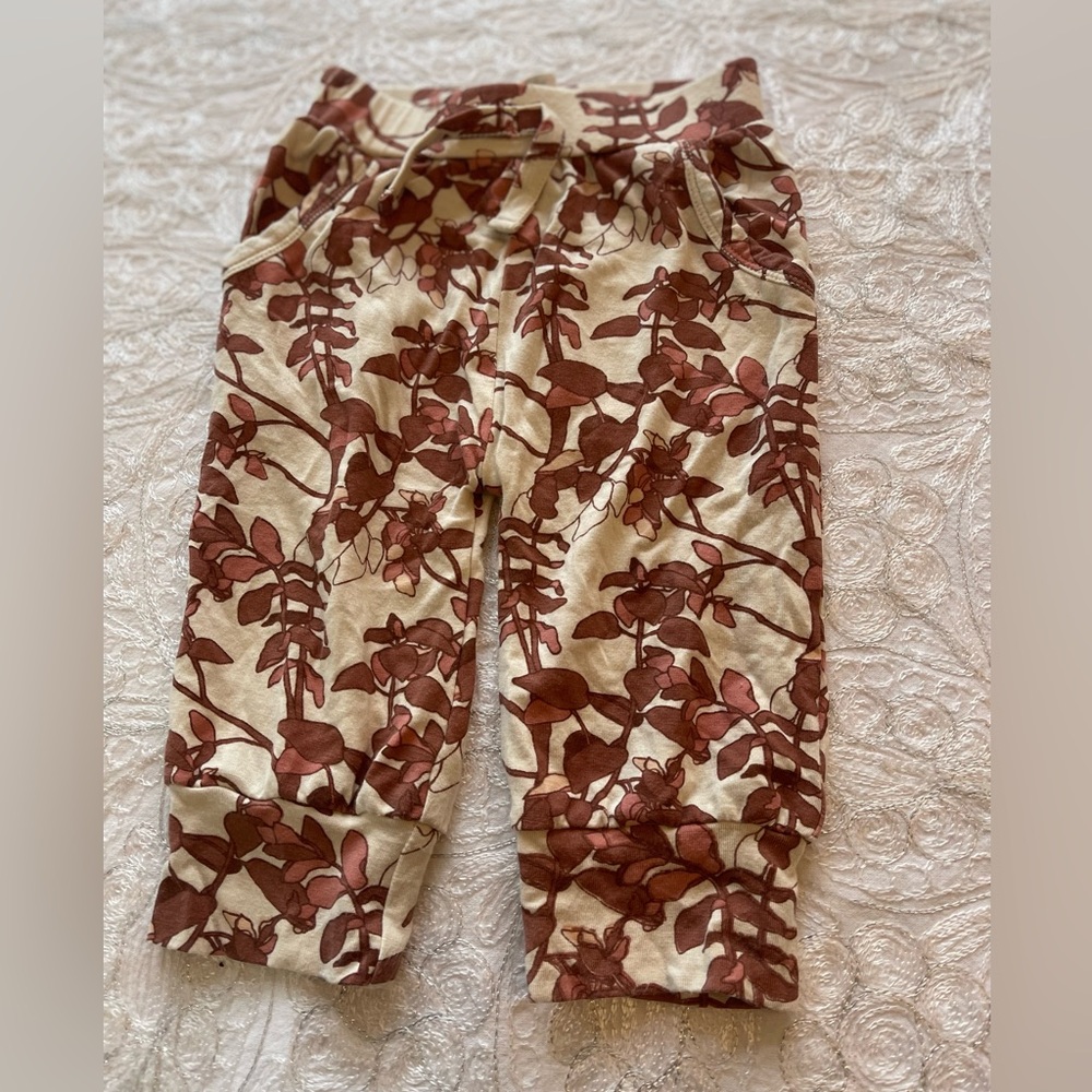 VGUC Kate Quinn Beechwood Blend Ivory w/Maroon Pink Floral Print Pants 12-18m